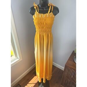 Vintage Orange Maxi Dress Smocked Sundress Polka Dot Tie Strap Summer Dress